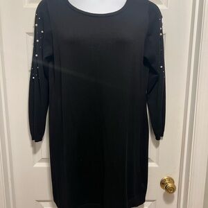 Chic Long Sleeve Black Dress with Pearl Details